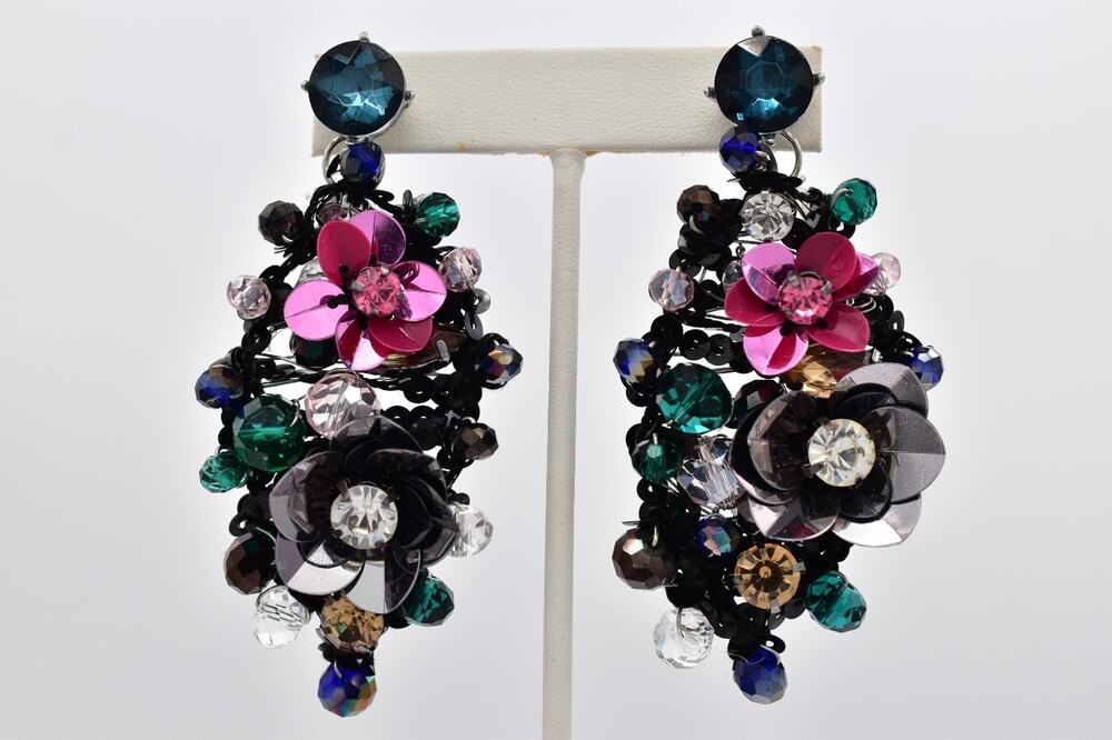 Vintage Sequin Flower Drop Dangle Earrings Rhinestone Chunky Statement Y2K BinAY